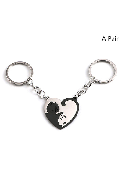 Choice A3 1Pair Cute Black Cat Keychain Patchwork Heart Round Couple Lovers K...