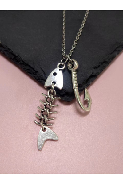 Choice قلادة فضية اللون بتصميم إبداعي ومخصص على شكل عظمة سمكة وخطاف، هدية مثا...