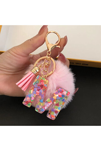 Choice pink M Trend Acrylic Pink Pompom Glitter 26 Initials Letter Keychain W...