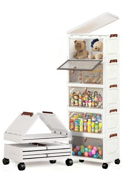Pomefar Stackable Storage Bins with Lids, 5 Tier Storage Cabinet with Wheels ...