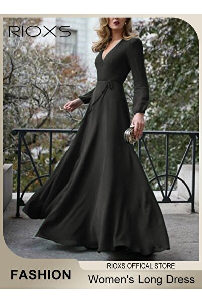 RIOXS فساتين نسائية، فستان ماكسي أنيق بخصر عالٍ للنساء، فستان بأكمام طويلة وف...