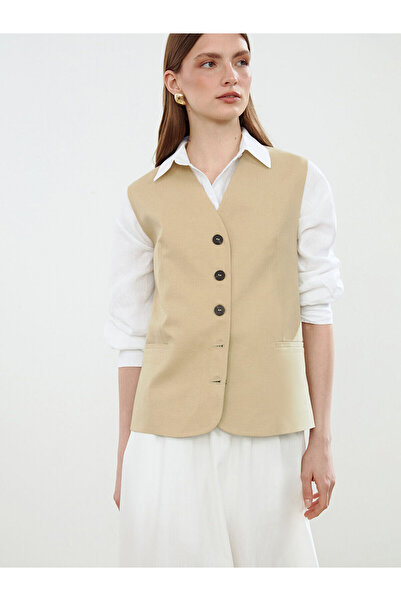 LC Waikiki Vizyon New Season V-Neck Linen Blend Women's Classic Vest