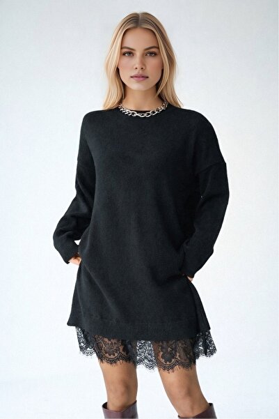 LOOSH Kadın Siyah Bisiklet Yaka Ucu Dantelli Elbise
