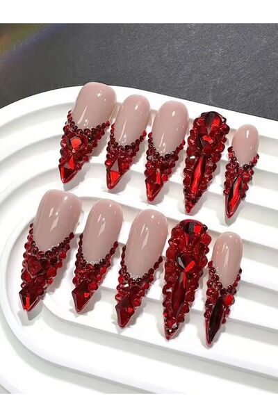 Choice مجموعة أظافر صناعية فاخرة مكونة من 10 قطع من سلسلة "الأحمر" المرصعة با...