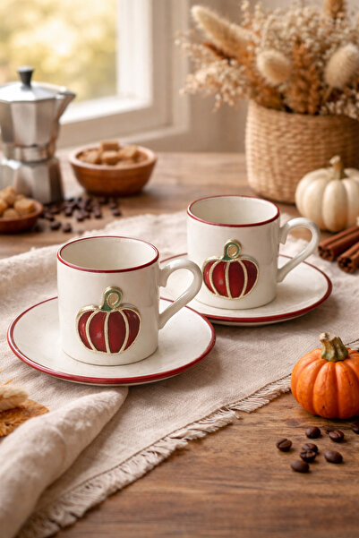 Evila 4 Parça 2 Kişilik Kabak Desenli Porselen Türk Kahvesi Fincan Seti