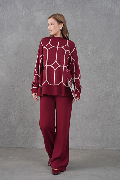 Park Karon Women's Mock Neck Patterned Oversized Sweater Trousers Knitwear Bo...