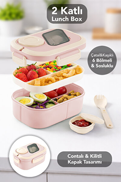 Meleni Home Bondie Kilitli Kapak Yemek Kabı - 2 Katlı Bölmeli Kaşık ve Sosluk...