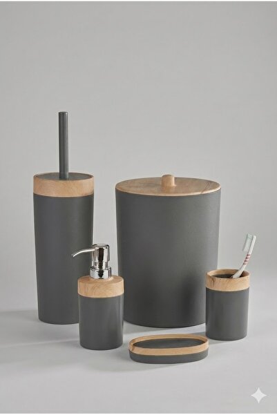 Hagen مجموعة صحن صابون ثلاثي بمظهر خشبي + فرشاة المرحاض + مجموعة حمام مكونة م...