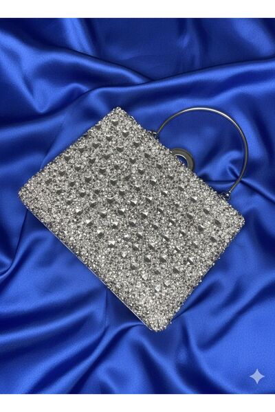 Butik Kadın Gümüş Kristal Taşlı Kare Abiye El Çantası & Halka Saplı Gece Port...