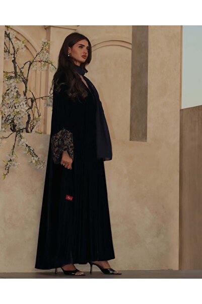 AYA MWT708 - Velvet Abaya with Navy Cashmere Trim