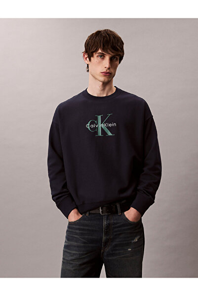 Calvin Klein Мъжка 100% памучна блуза с дълъг ръкав, синя, с лого CK и обло д...