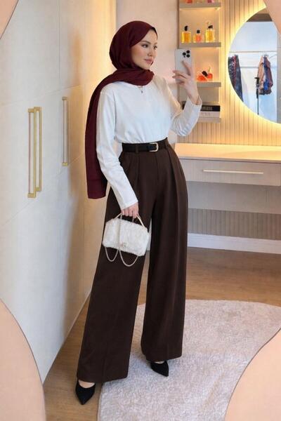 Şulemoda Giyim Palazzo Belted Trousers Brown