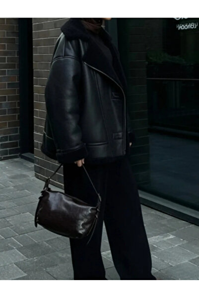 timur örme İçi Peluşlu Süet Mont - Siyah