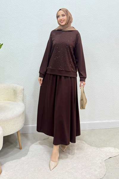 Tesettür Diyarı Stone Lavender Modal Fabric Skirted Hijab Set - Bitter Brown