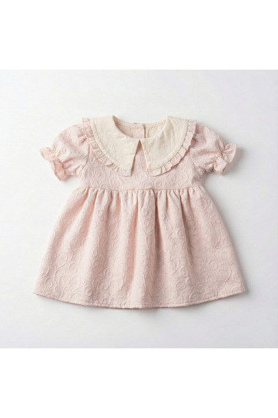 minniobaby Kız Bebek Pudra Bebe Yaka Kendinden Desenli Astarlı Dokulu Elbise