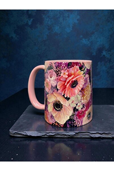 Marblestone Pembe Kulplu Çiçek Desenli Kupa Bardak - Renkli Çiçek Bahçesi Tas...