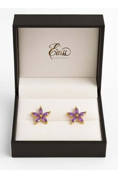 earss Amethyst Flower Cubic Zirconia Gold Earrings