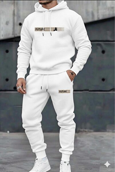 CAST COLLECTİON Men's White Future Printed Hooded Sweat Tracksuit Bottom Set