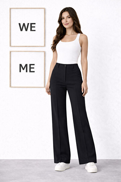 WE AND ME Women's High Waist Button Detailed Straight Leg Corded Fabric Pants