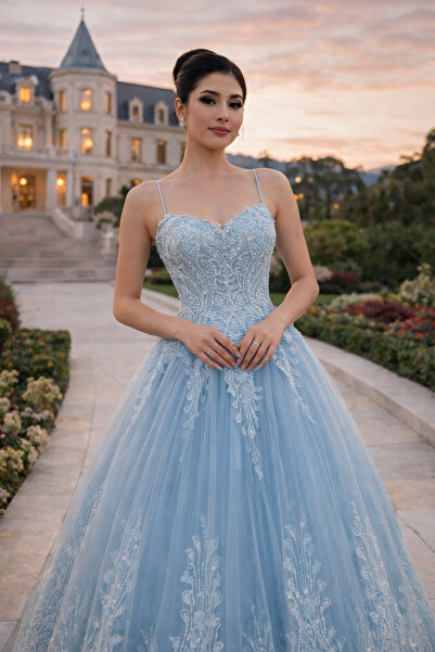 Sibelse Gelinlik Buz Mavisi Prenses Dantel Nişanlık Abiye