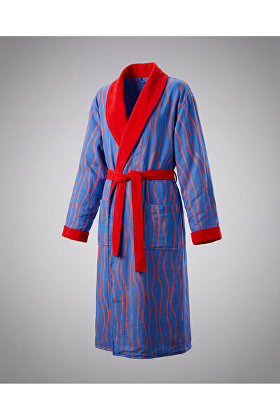 Berthe London %100 Pamuk Şal Yaka Zikzak Çizgi Baskılı Müslin Bornoz