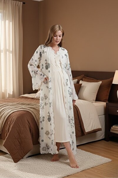 Lohusa Homewear Women's Beige Flounce Special Design Patterned Full Length Ma...