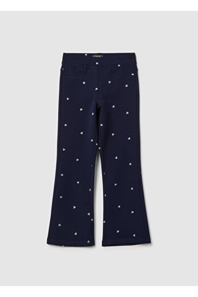Ovs Girls' Blue Cotton Flare Trousers With Hearts