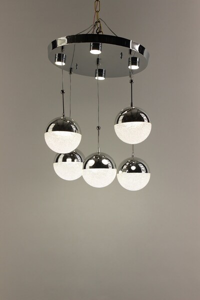 GN GEN AYDINLATMA Gümüş Çemberli Seri Kristalize Küre Model 5li Modern Led Avize