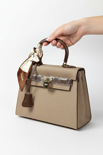 Chrisbella Khaki Luxury Handbag with Silver Lock Hardware & Decorative Scarf ...