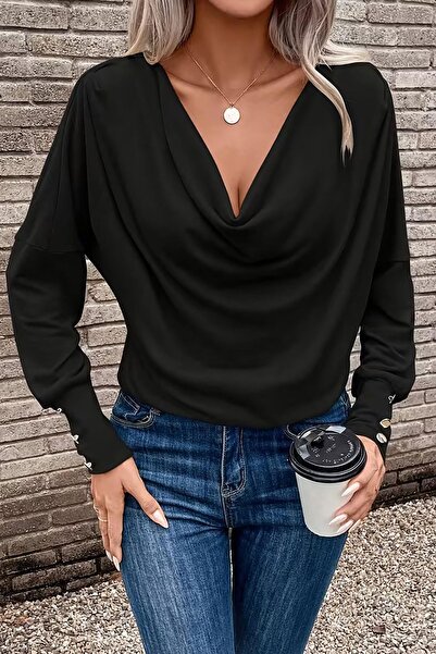 Deafox Black Women's Long Sleeve Button Detailed Batwing Sleeve Crepe Fabric ...