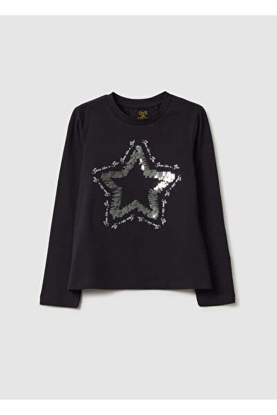 Ovs بلوزة بناتي سوداء بقصة عادية من القطن المطاطي مزينة بنجمة