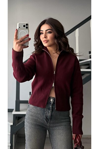 Oslove Burgundy Double Zipper Steel Knitwear Cardigan