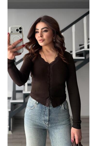 Oslove Bitter Brown Lace Knit Blouse