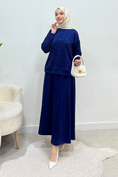 Tesettür Diyarı Stone Lavender Modal Fabric Skirt Hijab Set - Navy Blue