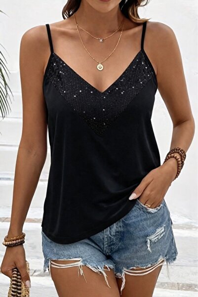 Modayakamoz Yeni Sezon Kadın Parlak Pulpayetli İp Askılı V Yaka Sandy Bluz