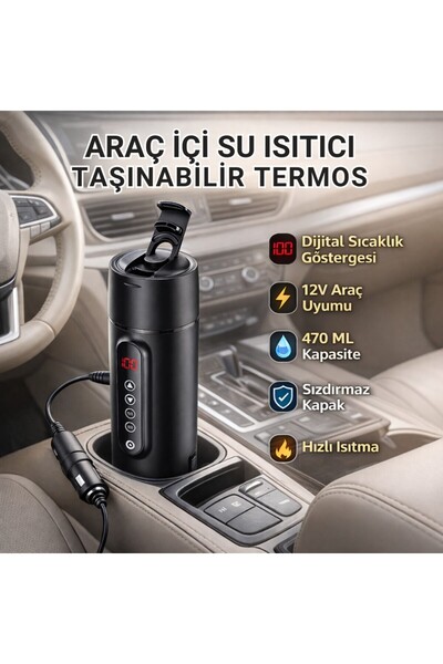 Polham Încălzitor de apă pentru mașină 470 ML – Termos portabil cu afișaj dig...