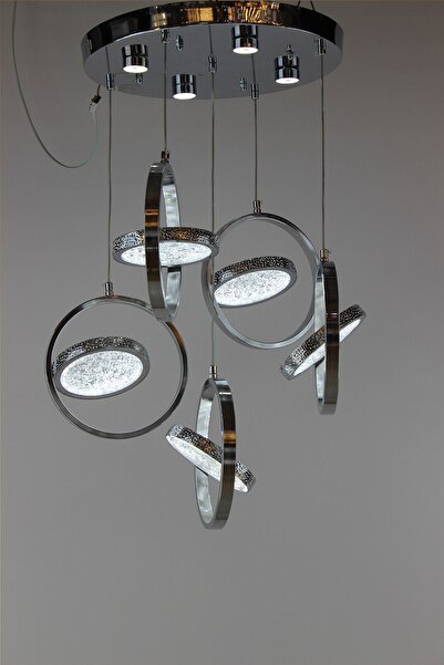 GN GEN AYDINLATMA Lüks Krom Kaplama 5li İç İçe Halka Figürlü Kristal Dokulu M...