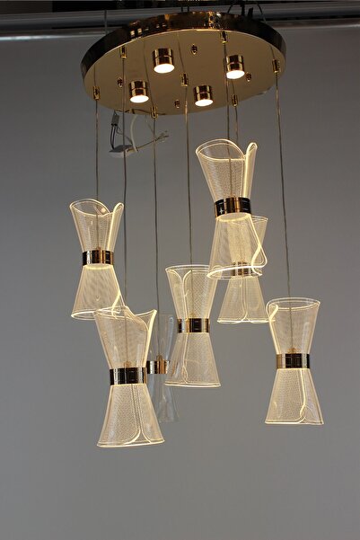 GN GEN AYDINLATMA Lüks Gold Kuşaklı 6lı Fiyonk Formlu Pleksi Camlı Modern Sar...