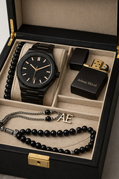 pierrose Erkek Siyah Kadran Siyah Metal Kordon Kol Saati Bileklik Tesbih Ve İ...