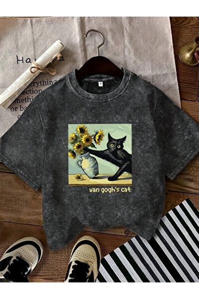 ship master Van Gogh Siyah Kedi ve Ayçiçekleri Sanat Baskısı Kadın Tişörtü - ...