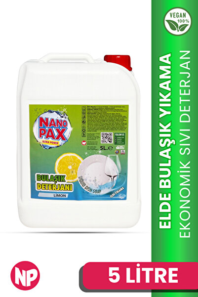 NanoPax Limon Kokulu Elde Bulaşık Sıvı Deterjanı 5 Lt - Güçlü Yağ Çözücü Ekon...