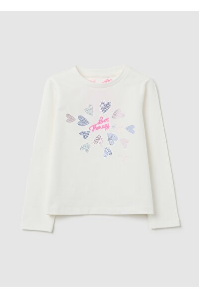 Ovs تيشيرت أبيض قطني مطاطي للبنات، قصة عادية