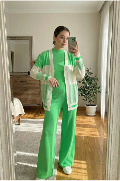 Kirazca Butik Women's Color Block Knitwear 3-Piece Set – Cardigan Blouse Pant...