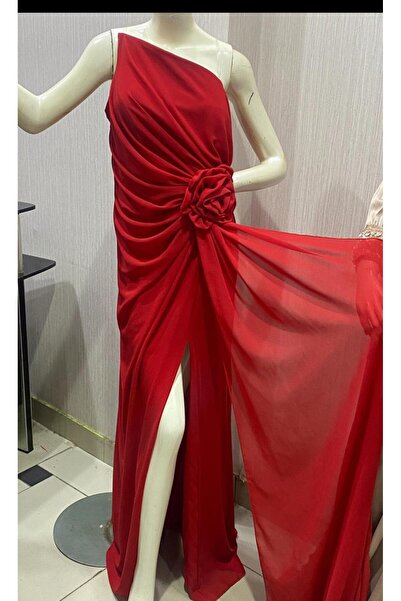 KALDE فستان احمر انيق على وردة بالجنب