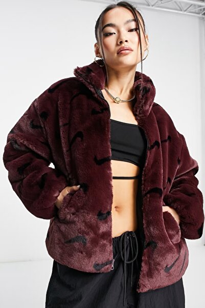 Nike All Over Swoosh Faux Fur Jacket Smoke Loose Fit Geniş Kalıp Kadın Suni K...