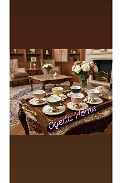 Ogeda Home, Balsa 6’lı Çiçek Desenli Renkli Kahve Fincanı Takımı – Gold Ayakl...