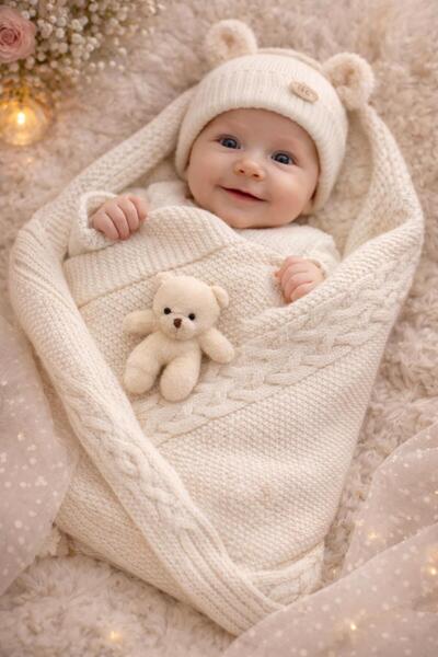 BİLGEN Style Baby Blanket Knitwear Fleece Lined 80X80 Size with Teddy Bear Toy