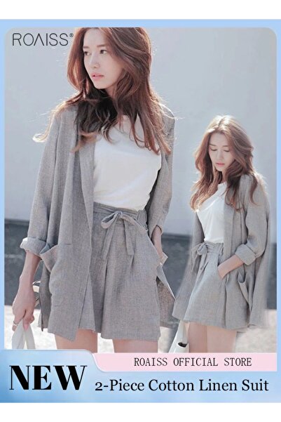 ROAISS Women's 2-Piece Cotton Linen Set Lightweight Small Suit Jacket And Cas...