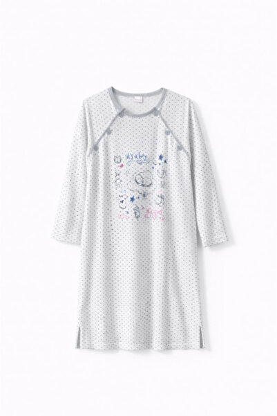SEVGİ Nursing Nightgown 100% Cotton, White with Print, Long Sleeve, Button Sy...