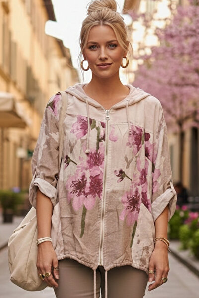 Chiccy Italian Ecru K Hooded 3/4 Sleeve Zippered Pocket Casual Linen Look Wov...